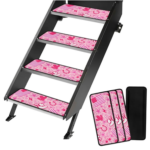 Yuyamidu American Flag RV Step Covers Cowboy RV Steps Covers Rugs 4 Pack RV Camper Step Covers 19.5" x 7.5" RV Stair Carpet Camper Accessories, Pink