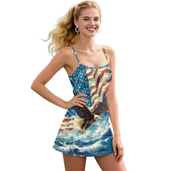 Yuyamidu American Flag Tennis Dress for Women Size XL, Eagle Tennis Golf Dresses with Built in Shorts Breathable Sleeveless Workout Athletic Dresses