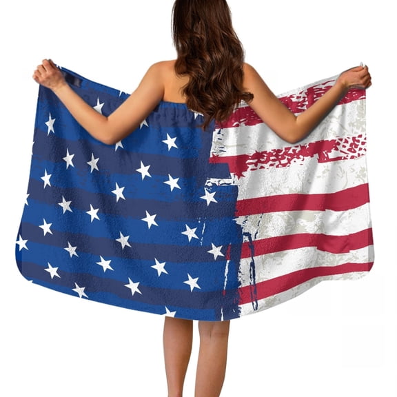 Yuyamidu American Flag Towel Body Wrap for Women Short Bath Wrap Towel Size L Spa Wrap Knee Length Bath Towels with Pocket Traveling Hotel Shower Wrap Towel, 4th of July