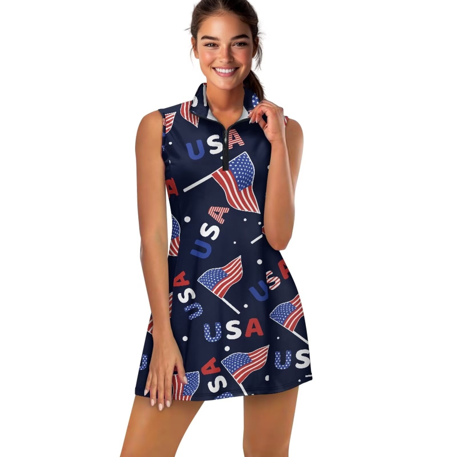 Yuyamidu American Flag Womens Tennis Dress with Inner Shorts Tennis Dress for Women Sleeveless Golf Outfits for Women Soft Womens Athletic Clothing Sets Size M