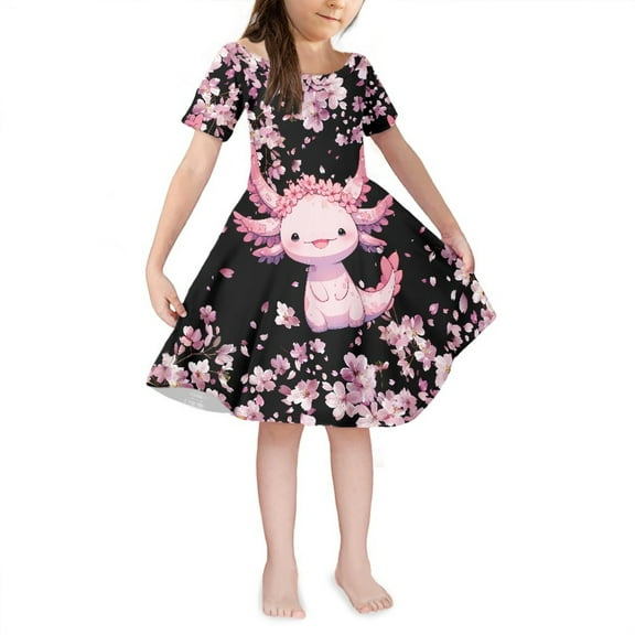 Yuyamidu Axolotl Cherry Blossom Princess Dresses for Toddler Girls Cute Short Sleeve High Waistline Swing Dress Lightweight Outdoor Play Part Sundress for Kids 3-4 Years