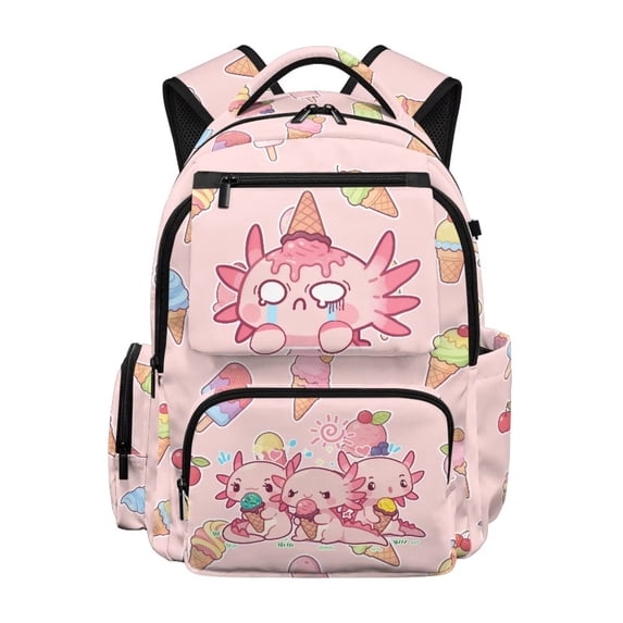 Yuyamidu Axolotl Ice Cream Backpack for Girls 6-10 Elementary School 1st-4th Grade 17 Inch Lightweight Multiple Compartments Bookbag with Padded Straps Back to School