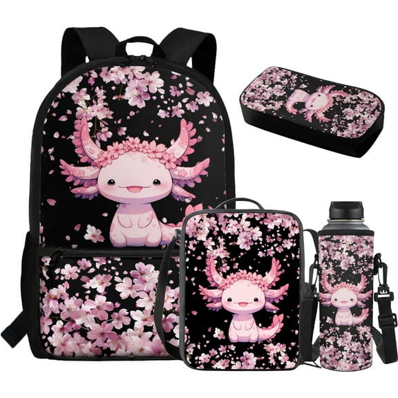 Yuyamidu Axolotl Kids Bookbag with Lunch Boys Set Girls 4pcs Pink Cheery Blossom School Backpack with Lunch Bag Pencil Case Water Bottle Bag Cute Schoolbag for Kids