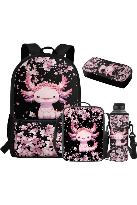 Axolotl Kids Bookbag with Lunch Boys Set Girls 4pcs Pink Cheery Blossom School Backpack with Lunch Bag Pencil Case Water Bottle Bag Cute Schoolbag for Kids