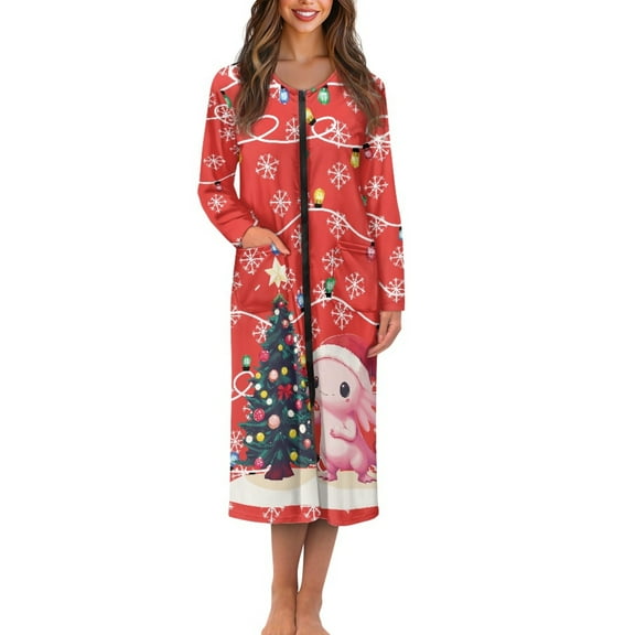 Yuyamidu Axolotl Robes Women Lightweight Zipper Front Bathrobe Xmas Tree Long Sleeve Gowns for Women Sleepwear Christmas Robe, Gowns Red Nightgown Housecoat Size XL