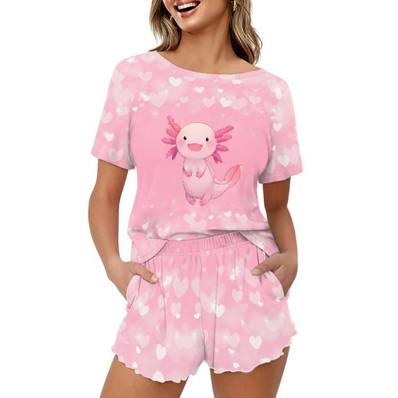 Yuyamidu Axolotl Short Sleeve Pajama Tops for Women with Ruffle Shorts 2 PCS Women's Sleepwear Pajamas Skin Friendly Round Neck Sleep Set Size 3XL, Pink