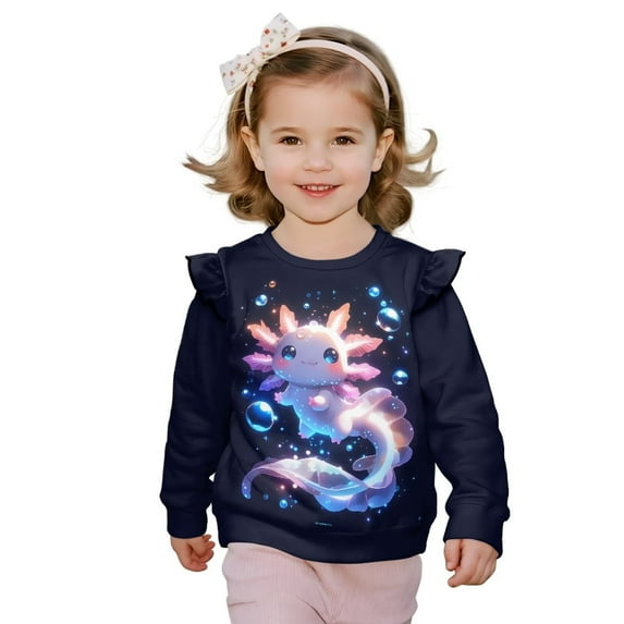 Yuyamidu Axolotl Sweatshirt 4T 5T Girls Crewneck Graphic Sweatshirts Ruffle Shoulder Long Sleeve Top Lightweight Soft Everyday Clothes Back to School Outfits