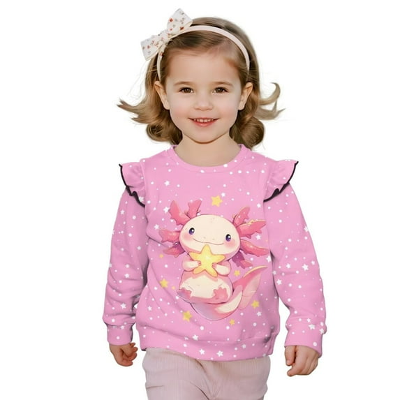 Yuyamidu Axolotl Sweatshirt for Girls 3T 4T Toddler Pink Crewneck Sweatshirts Ruffle Shoulder Long Sleeve Pullover Tops Soft Lightweight School Outdoor Play Clothes
