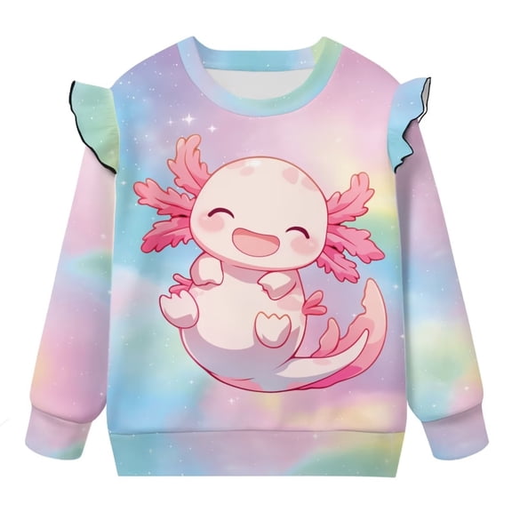Yuyamidu Axolotl Sweatshirt for Girls Size 5-6 Kids Crewneck Graphic Sweatshirt Y2K Ruffle Long Sleeve Top Cute Fall Outfits Lightweight Soft Workout Pullover