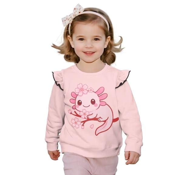 Yuyamidu Axolotl Sweatshirt Girls Size 5-6 Pink Long Sleeve Ruffle Shoulder Crewneck Pullover Tops Y2K Cute Animal Graphic Sweatshirts Casual Fall Outfits Everyday Clothes