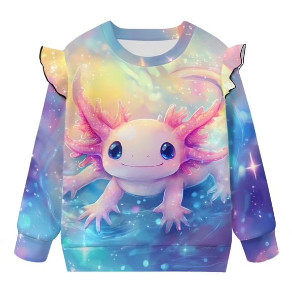 Yuyamidu Axolotl Sweatshirts for Girls Size 5-6 Crewneck Sweatshirt Graphic Y2K Ruffle Shoulder Tops Soft Lightweight Everyday Clothes Workout Pullover Casual Fall Outfits