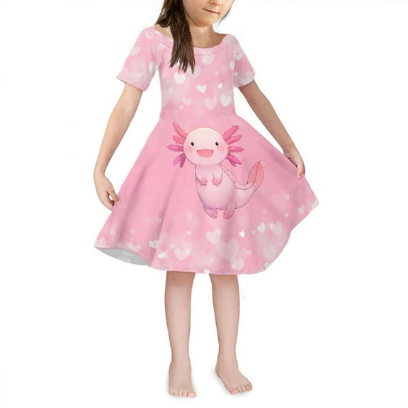 Yuyamidu Axolotl Toddler Girl Summer Dress Fashion Short Sleeve Scoop Neck Twirl Swing Dresses Heart Round Neck High Waistline Sundress for Kids Girls 7-8Y, Pink