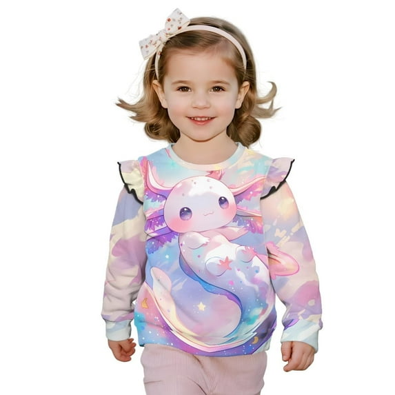Yuyamidu Axolotl Toddler Girl Sweatshirt 1T 2T Cute Going Out Long Sleeve Ruffle Shoulder Crewneck Sweatshirts Pullover Tops Soft Lightweight Play Wear for School Outdoor