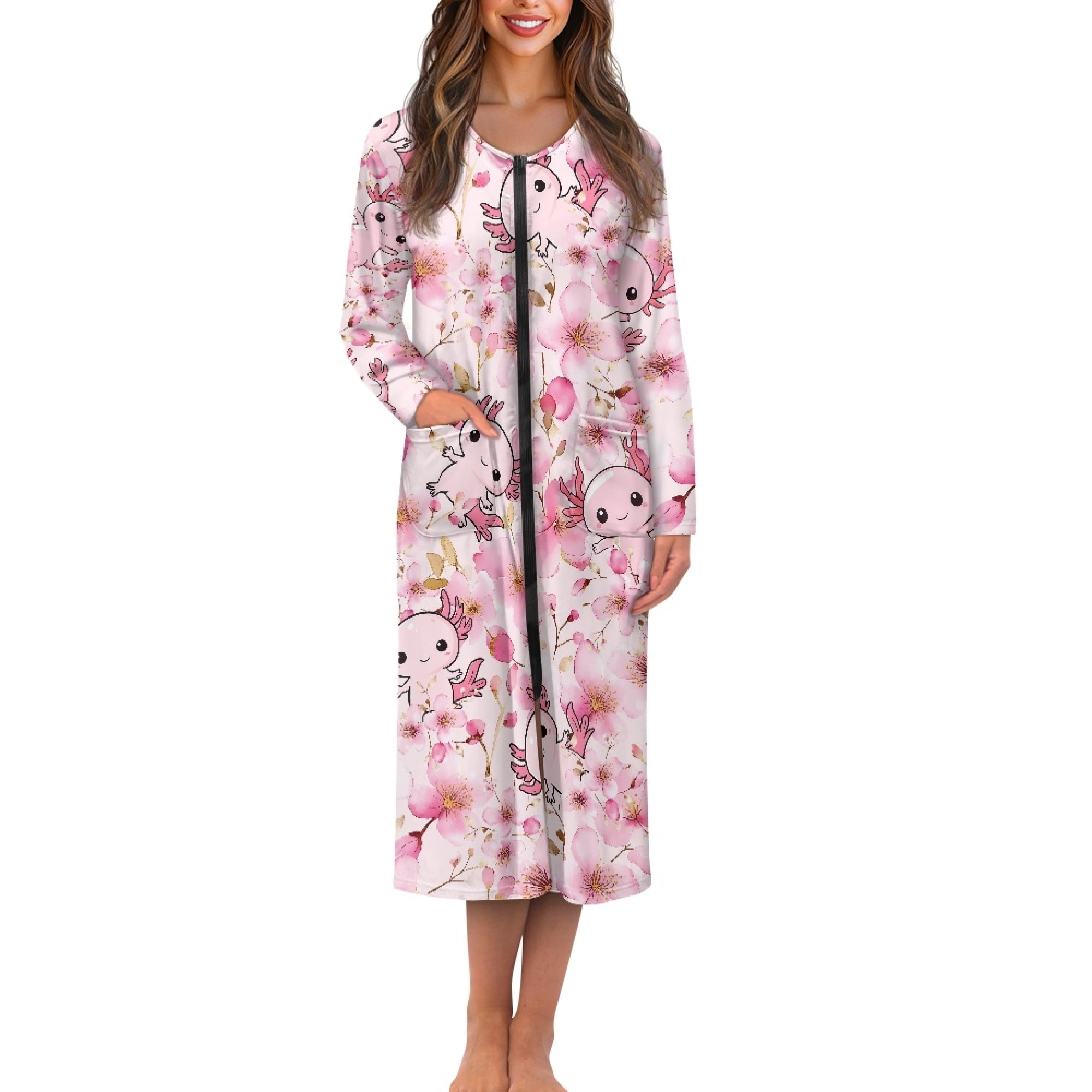 Yuyamidu Axolotl Womens Bath Robes with Zippers Cherry Blossom Long ...