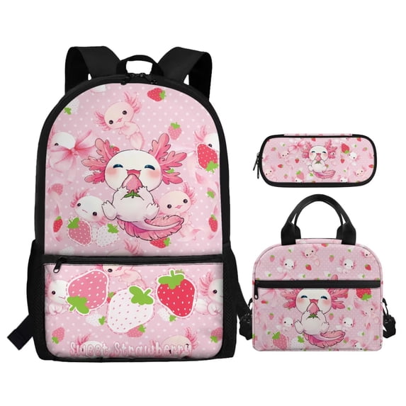 Yuyamidu Axoltol Backpack and Lunchbox for Girls 4th Grade/5th Grade Large Capacity School Bag for Kids 8-10 with Lunch Bag Pencil Box Pink Strawberry Book Bag Set with Lunch Tote, 3 in 1