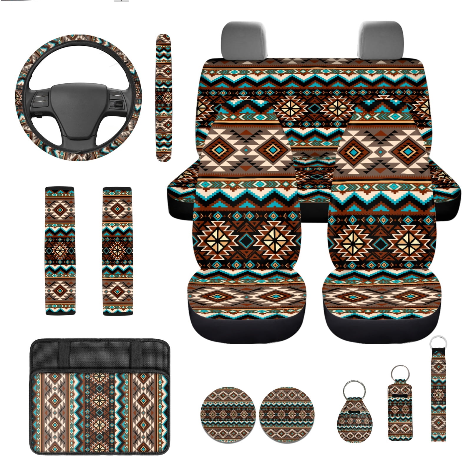 Yuyamidu Aztec African Tribal Car Seat Covers Full Set 13 PCS Auto Steering Wheel Cover Seat Belt Covers Arm Rest Cushion Coasters Wrist Key Ring Automobile Interior Sets
