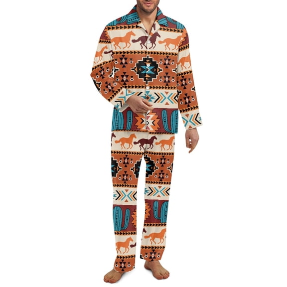 Yuyamidu Aztec African Tribal Mens Button Down Pajama Horse Nightwear for Men Set Cozy Long Sleeve Lounge Wear Size 4XL 2 Pieces Casual Sleepwear Tops with Long Pants
