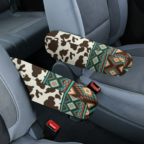 Yuyamidu Aztec Car Front Seat Armrest Cover 2 Pcs Cow Print Armrest Protector Covers Elastic Car Seat Arm Rest Decorative Accessories for Most Auto SUV Truck