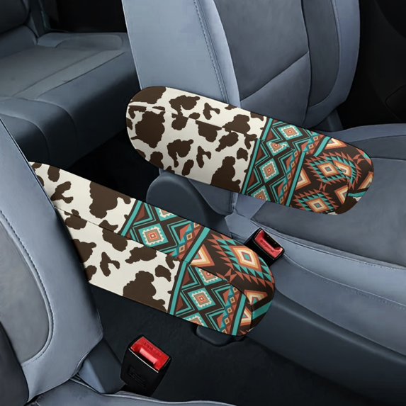 Yuyamidu Aztec Car Front Seat Armrest Cover 2 Pcs Cow Print Armrest Protector Covers Elastic Car Seat Arm Rest Decorative Accessories for Most Auto SUV Truck
