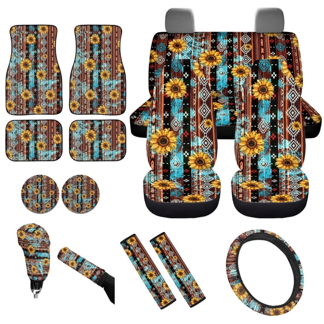 Yuyamidu Aztec Car Seat Cover Full Set of 15 Sunflowers Car Carpet Mats Universal Steering Wheel Cover Brown Seat Belt Cover Coaster Gear Shift Knob Cover Set