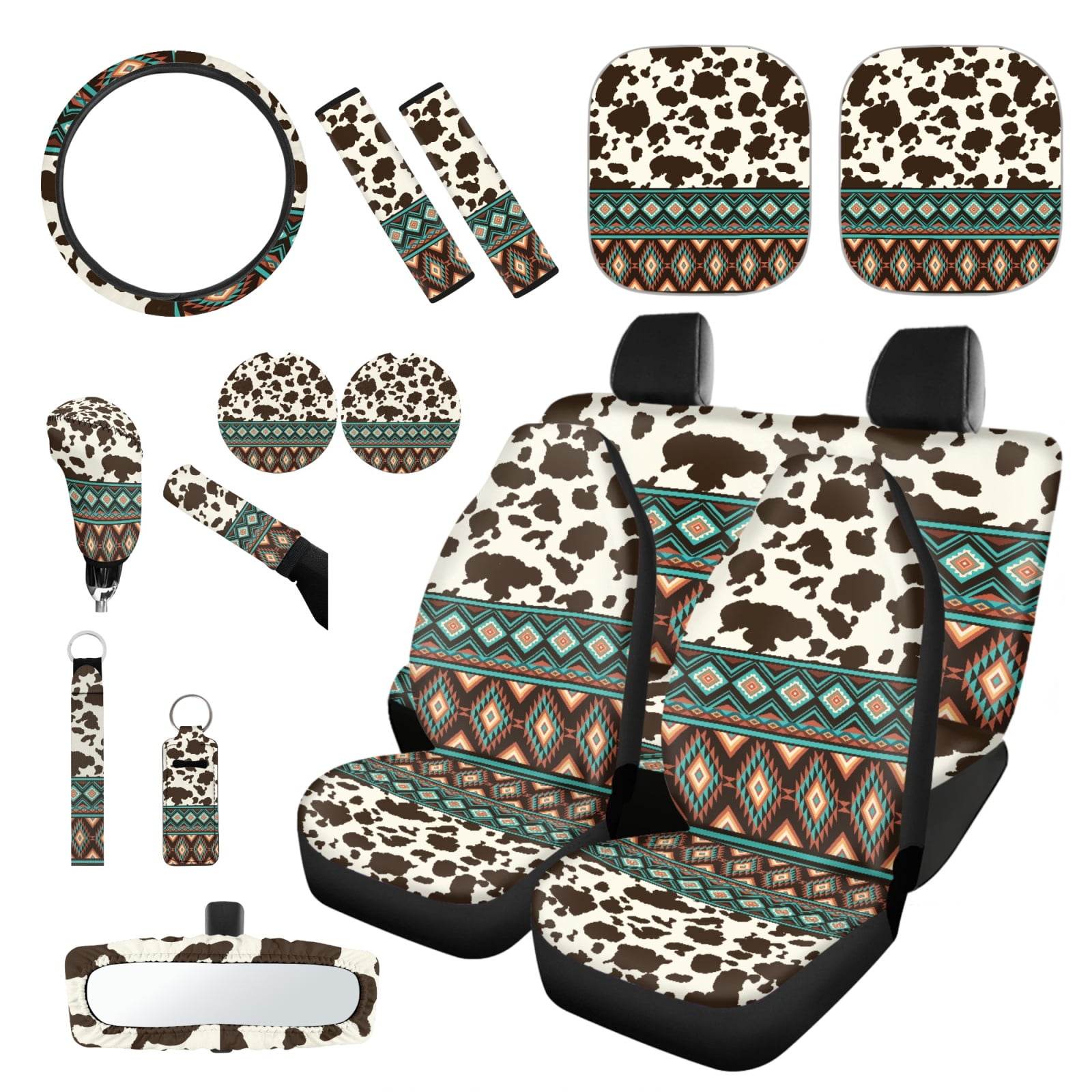 Yuyamidu Aztec Car Seat Cover Set Brown Cow Print Steering Wheel Cover ...