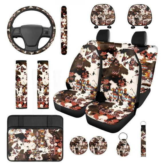 Yuyamidu Aztec Car Seat Covers Full Set of 14 Brown Cow Print Steering Wheel Cover Safe Belt Pads Cup Holder Auto Headrest Covers Armrest Pad Key Ring