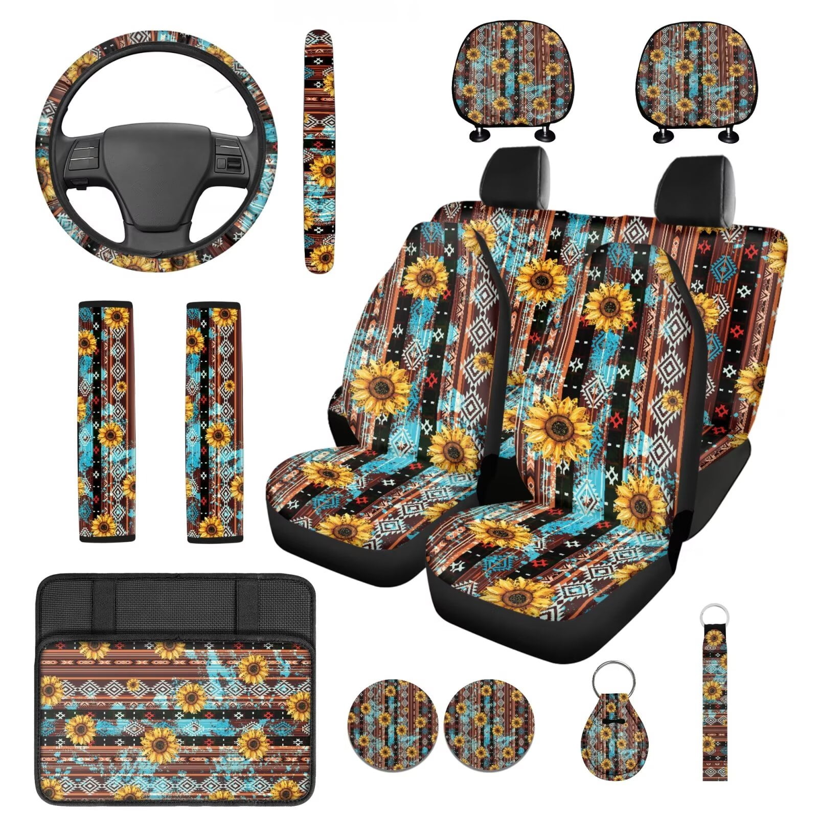 Yuyamidu Aztec Car Seat Covers Set with Steering Wheel Cover Seat Belt Covers Sunflower Car Armrest Cover Cushion Coasters Headrest Covers Cup Holders Keychain, 14 PCS