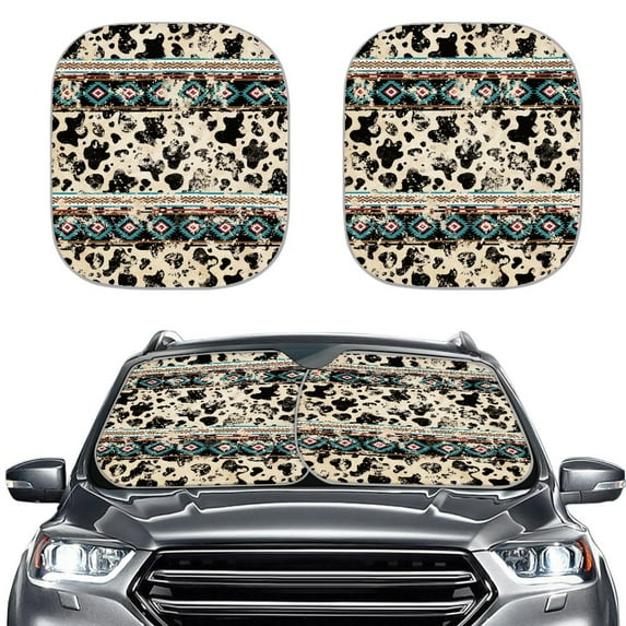 Yuyamidu Aztec Car Sun Shade for SUV Truck Van 2 Piece Cow Print Car Windshield Shades Universal Car Windshield Visor Sun Shade Fashion Sunshades for Car Windows