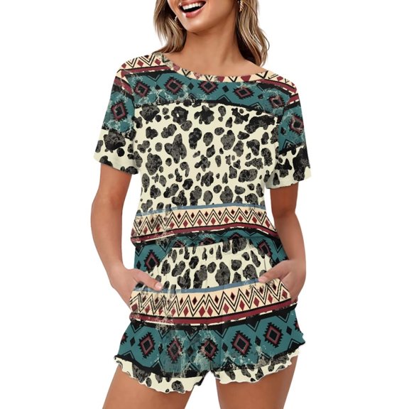 Yuyamidu Aztec Cow Design Women's Pajama Set Crew Neck Short Sleeve Sleep Top & Matching Shorts Stylish Lightweight Pj Set Two Piece