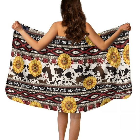 Yuyamidu Aztec Cow Print Body Wrap Towel for Women Sunflower Towel Wrap for Bathroom Brown Bath Towels for Adults Terry Cloth Bathing Towel with Pocket, Size XL