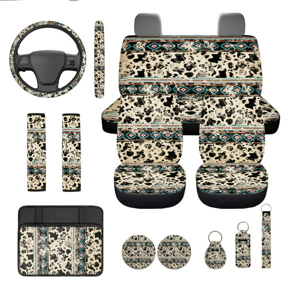 Yuyamidu Aztec Cow Print Car Seat Cover Set with Steering Wheel Cover Seat Belt Cover Car Cup Coaster Center Console Pad Keychain, 13 PCS Set