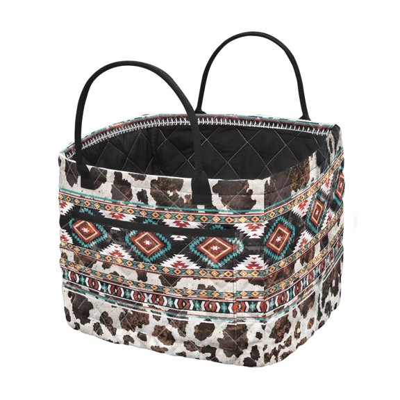 Yuyamidu Aztec Cow Print Fabric Laundry Basket with Front Pocket Quilted Laundry Basket Foldable Nursery Hamper Large Capacity Car Storage Basket for Home Organization