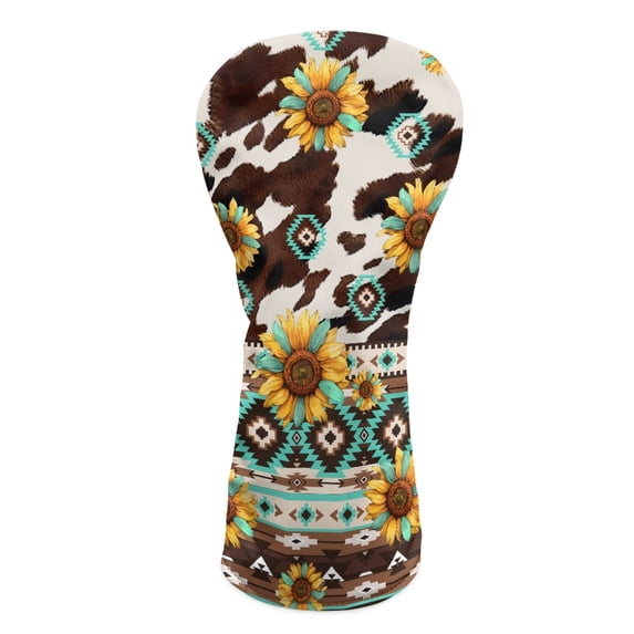 Yuyamidu Aztec Cow Print Golf Club Head Cover Sunflowers Golf Head Covers PU Leather Driver Headcover Fairway Wood Head Cover Hybrid Headcover