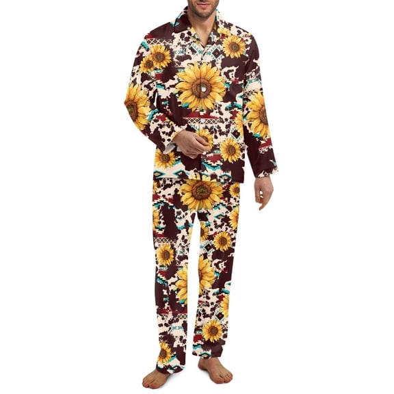 Yuyamidu Aztec Cow Print Men's Button Down Pajamas Sunflower Long Sleeve Lounge Set Bronw Nightwear Shirts Pants with Pockets 2 Piece Fall Winter V Neck Sleep Wear Size XS