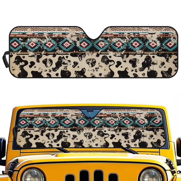 Yuyamidu Aztec Cow Print Windshield Sun Shade for Jeep Wrangler, Front Window Sunshade Compatible with Jeep Wrangler TJ JK JL & Gladiator JT 2/4 Door