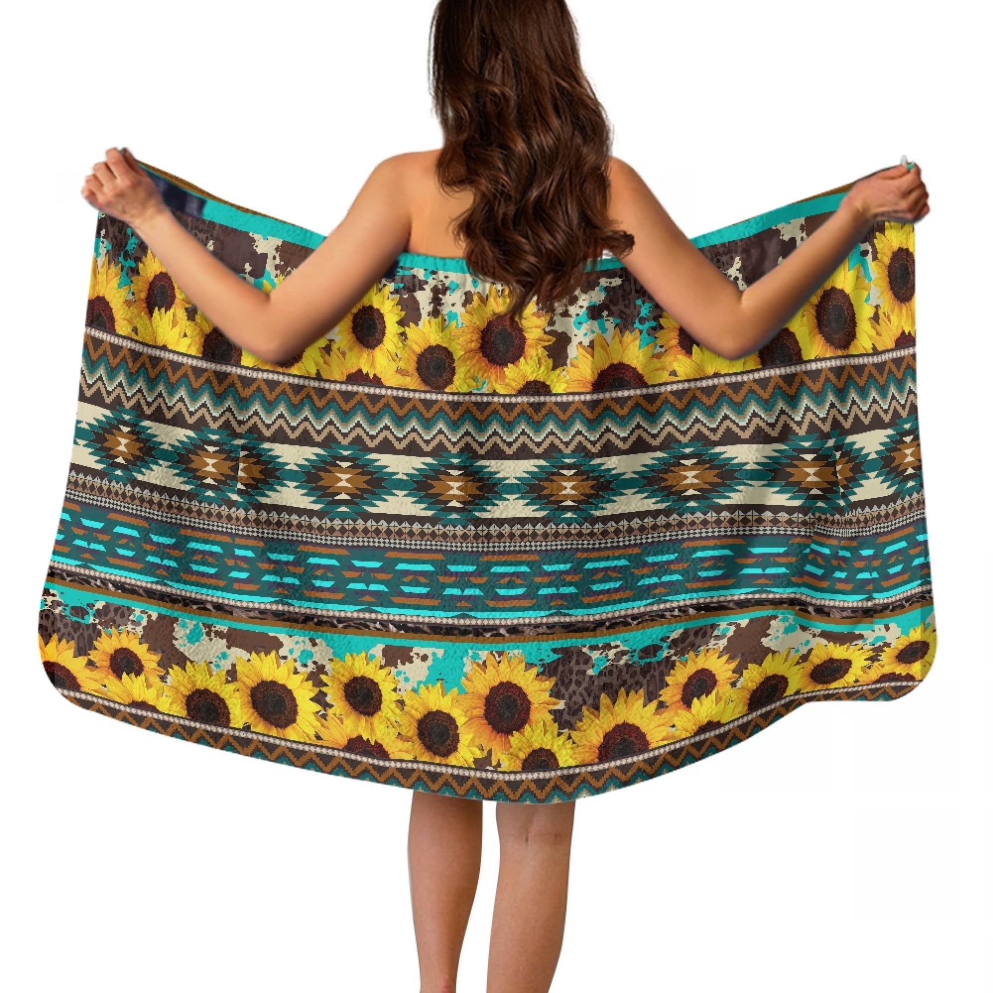 Yuyamidu Aztec Cow Print Wrap Towel for Women Sunflower Bath Wrap with Adjustable Closure Pocket Breathable Shower Towel Wrap for Adults Bathroom Towels Size L