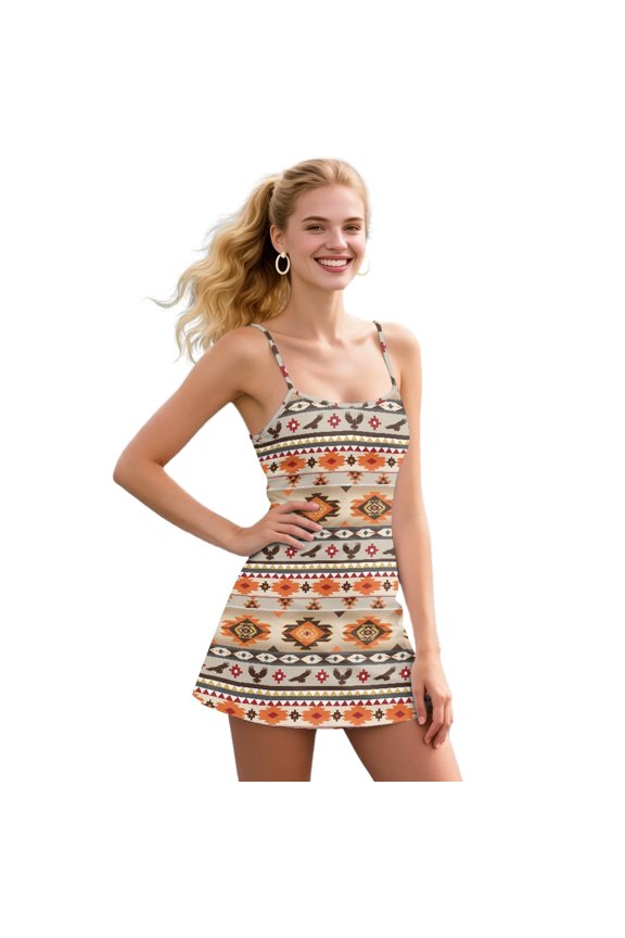 Aztec Eagle Womens Athletic Dresses Summer Tennis Dress Built in Shorts with Pockets Tribal Gemoetric Spaghetti Strap Outfits for Women Activewear Size S