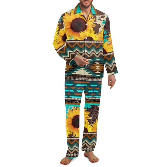 Yuyamidu Aztec Ethnic Button Pajama for Men Long Sleeve Loungewear Sunflower Notch Collar Night Shirt and Pants Set of 2 Comfy Sleepwear Sets Daily Wear Clothes Size M