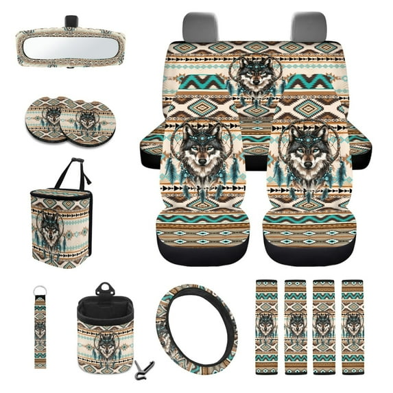 Yuyamidu Aztec Ethnic Car Seat Cover Set of 15 Wolf Steering Wheel Cover Dream Catcher Seat Belt Pads Garbage Bag Air Vent Pocket Rearview Mirror Cover Car Coasters Keychain Fit for SUV Van Sedan