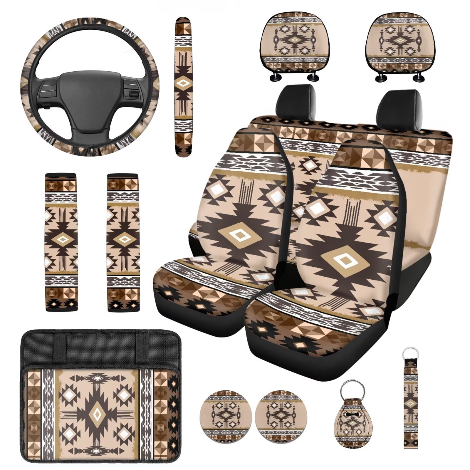 Yuyamidu Aztec Ethnic Car Seat Covers Full Set of 14 Geometric Steering Wheel Cover Auto Seat Belt Cover Coaster Armrest Cover Headrest Covers Keychain Auto Accessories, Brown