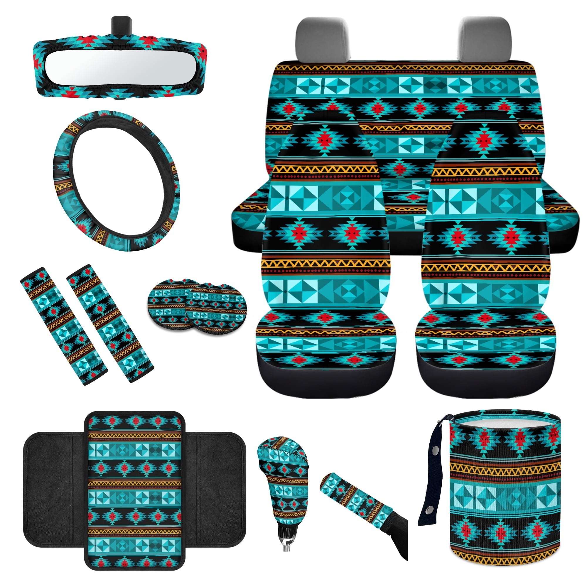 Yuyamidu Aztec Ethnic Gemoetric Car Seat Cover Set of 14 Blue Car Seat Protector with Steering Wheel Cover Seatbelt Pads Armrest Cushion Trash Can Rearview Mirror Cover Handbrake Cover Set Coasters