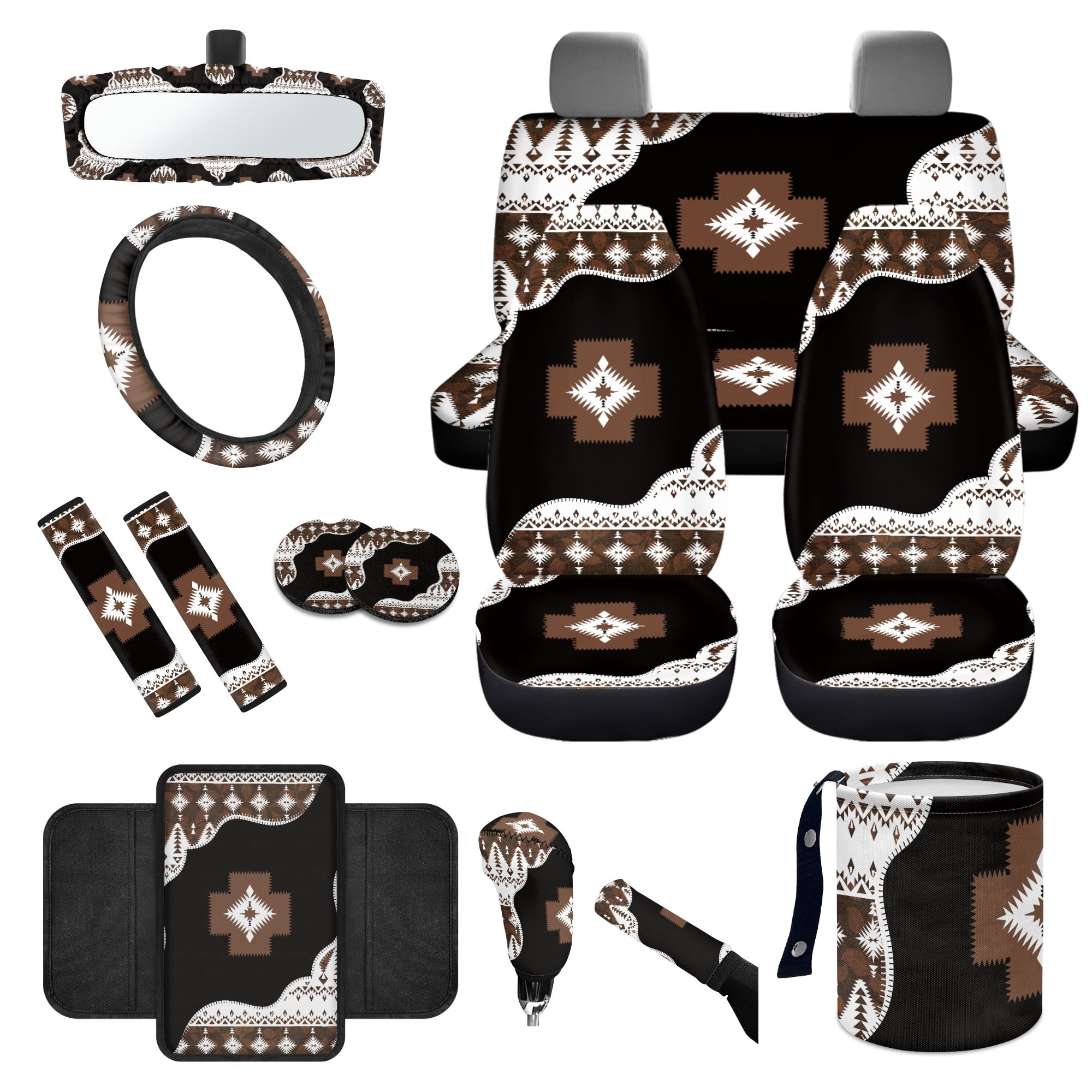 Yuyamidu Aztec Ethnic Gemoetric Car Seat Covers Set 14 Pcs Auto Seat Protector with Steering Wheel Cover Seat Belt Pads Garbage Bag Armrest Cover Handbrake Cover Set Rear View Mirror Cover Coasters