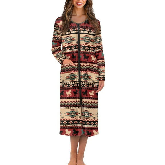 Yuyamidu Aztec Ethnic Horse Zipper Front Robes Lightweight Long Sleeve Bathrobe for Women Soft Round Neck Nightgowns Robe Loose Pajama Dress Mid-Length Sleepwear Size XL