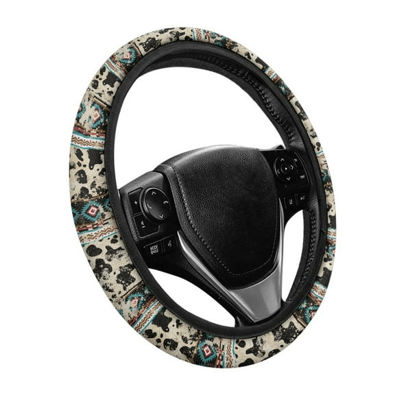 Yuyamidu Aztec Ethnic Steering Wheel Cover Cow Print Auto Steering Wheel Accessories 15 Inches Flannel Steering Wheel Protector for Most Vehicles Sweat-Absorption