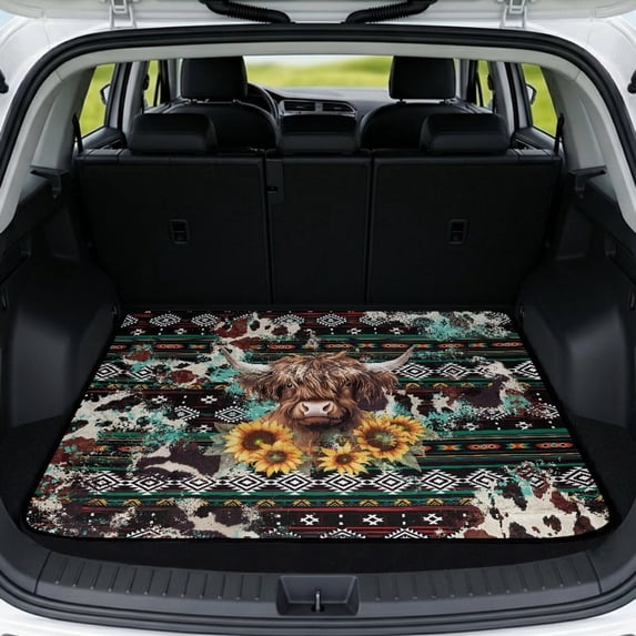 Yuyamidu Aztec Highland Cow Car Trunk Mat 29x39 Inch, Non-Slip Rear Cargo Liner Universal Fit for SUV Sedan Truck, Stain Resistant Machine Washable Vehicle Interior Decor