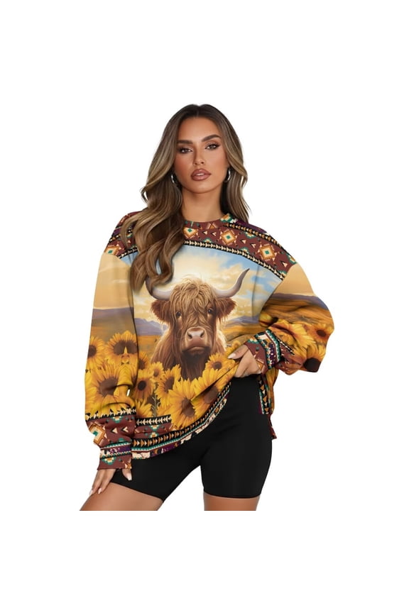 Aztec Highland Cow Oversized Sweatshirt for Women Sweat Shirts for Women Trendy Pullover with Pockets Fashion Hoodie Sweatshirts Crewneck Long Sleeve Comfy Tees Spring Fall Winter Clothing