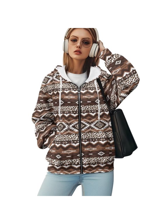 Aztec Jacket Women Sweatshirt Oversized Hoodies for Women Y2k Zip Up Hoodie Plus Size Clothing Ladies Winter Jacket Long Sleeve Sweatshirts L