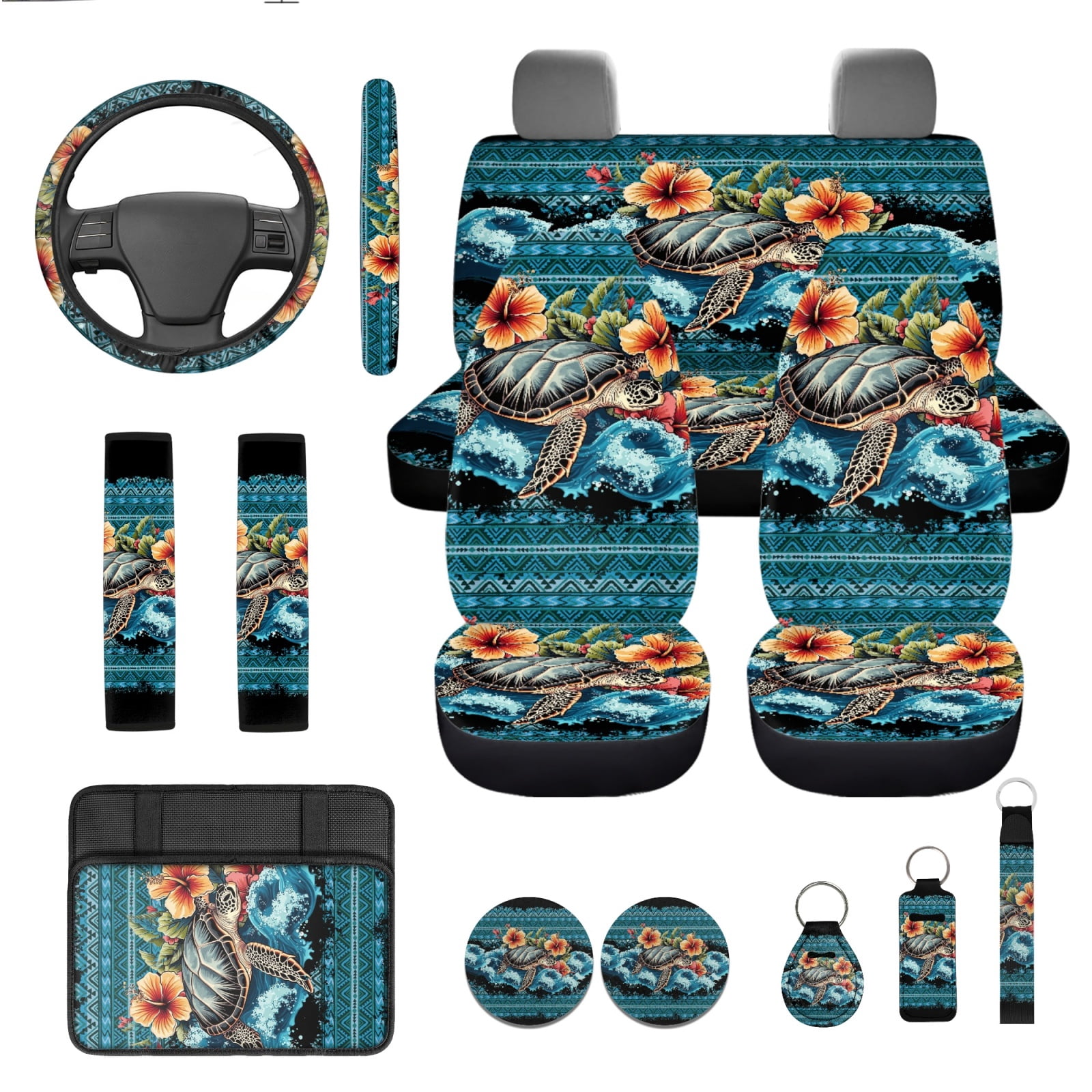Yuyamidu Aztec Sea Turtle Car Seat Cover Set with Steering Wheel Cover Seat Belt Pad Cup Holder Hibiscus Auto Armrest Cover for Most Cars SUVs