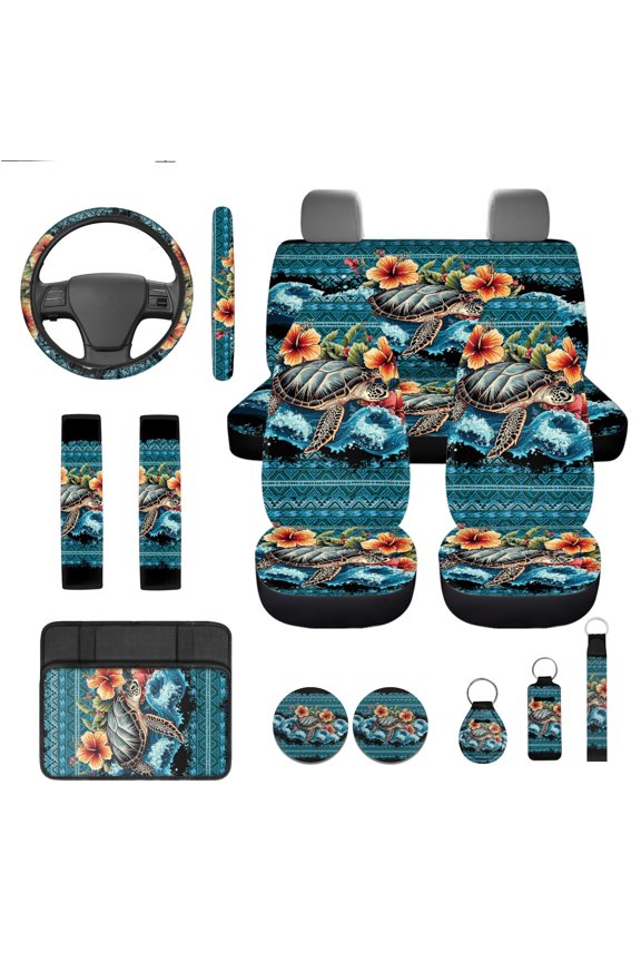 Aztec Sea Turtle Car Seat Cover Set with Steering Wheel Cover Seat Belt Pad Cup Holder Hibiscus Auto Armrest Cover for Most Cars SUVs