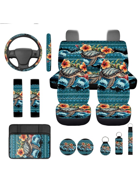 Aztec Sea Turtle Car Seat Cover Set with Steering Wheel Cover Seat Belt Pad Cup Holder Hibiscus Auto Armrest Cover for Most Cars SUVs